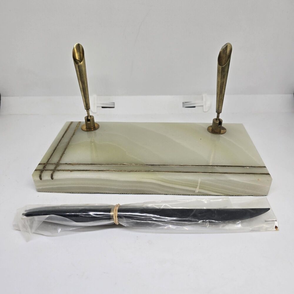 Vintage Mid-Century Green Light Onyx Marble Double Pen Holder Desk Set Pakistan